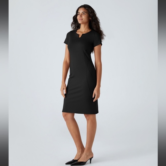 Notched Split Top-stitching Slim Work Dress - Picture 1 of 8